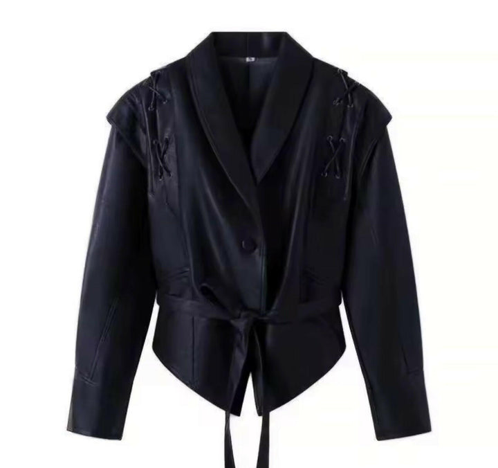 Miraéeparis Suede-Optik Damenjacke – Dunkelbraun mit Taillengürtel & Schnürdetails.