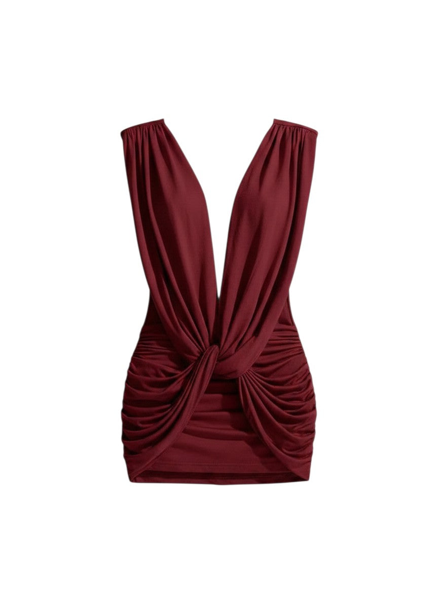 Miraee Paris Amélie Noir backless mini dress in deep burgundy with a plunging V-neck and elegant front ruching.