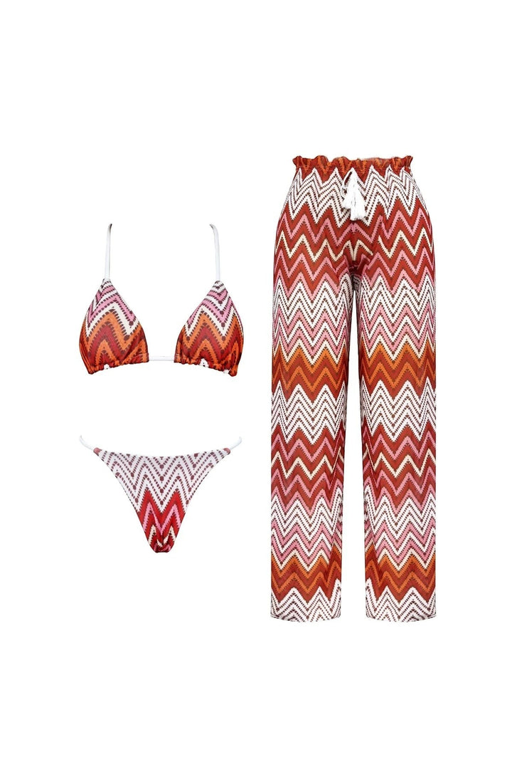 Miraee Paris 3-piece bikini set featuring a chevron striped triangle top, matching bikini bottom, and wide-leg pants.