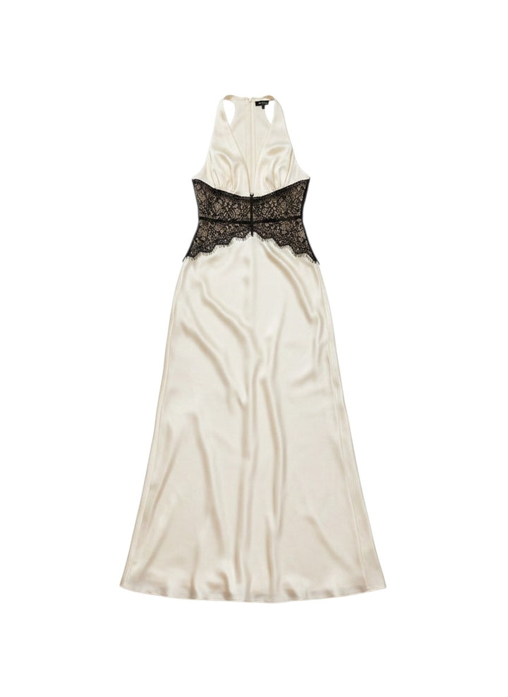 Miraee Paris floor-length satin maxi dress in cream with a black lace waist detail, halter neck, and backless design.