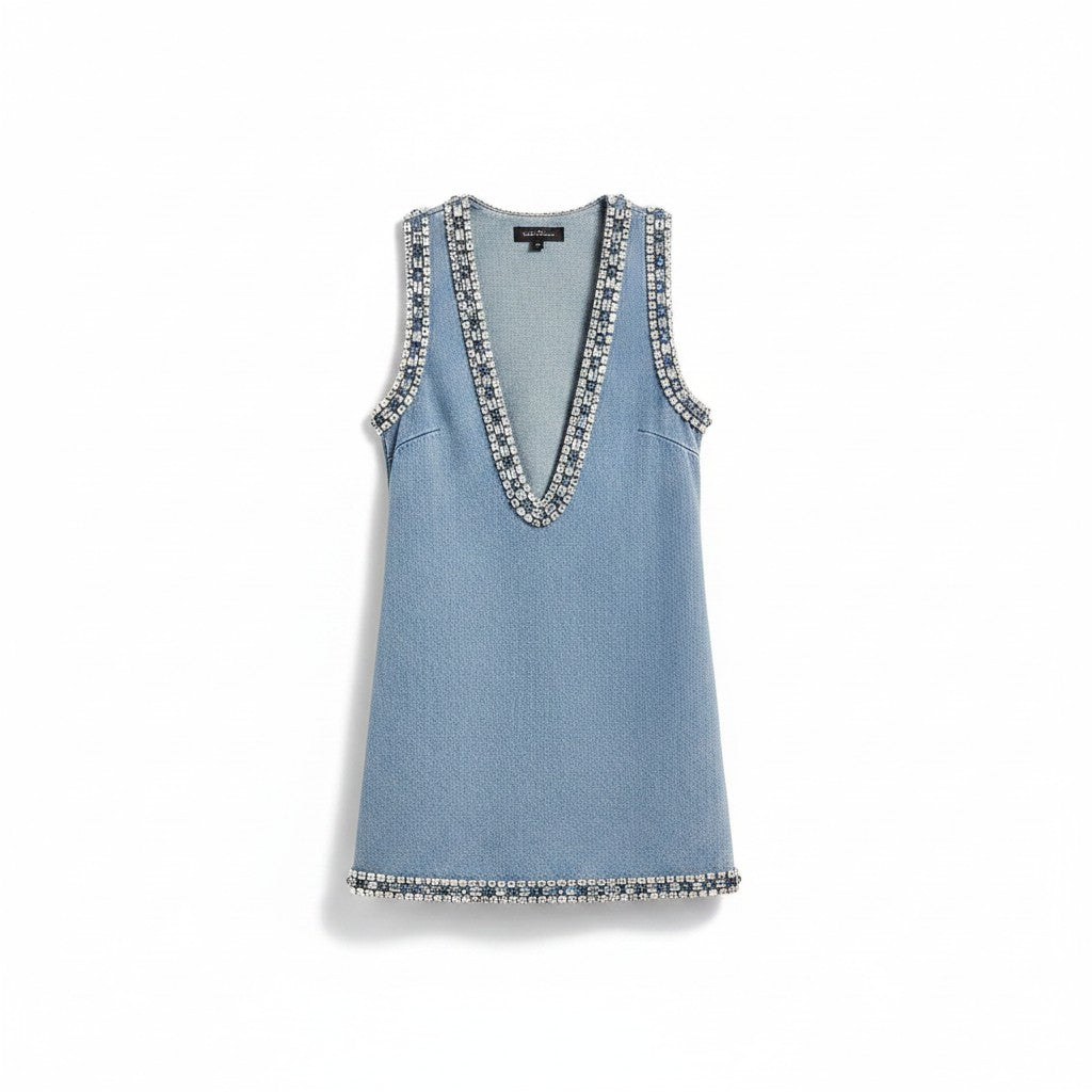 Miraee Paris sleeveless denim-look mini dress with a deep V-neck and sparkling crystal embellishments
