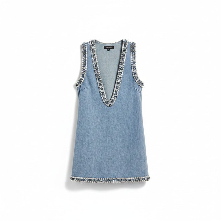 Miraee Paris sleeveless denim-look mini dress with a deep V-neck and sparkling crystal embellishments