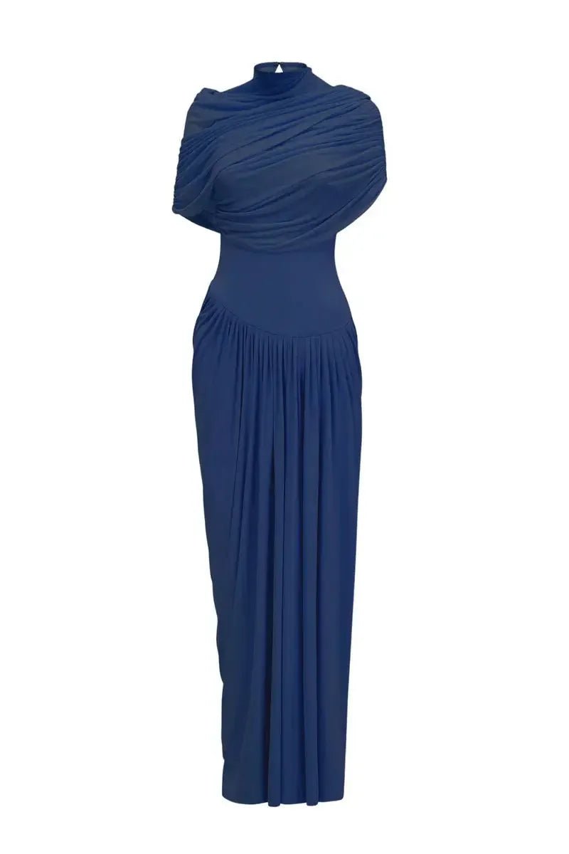 Drapiertes Maxikleid Celeste blau in elegantem Dunkelblau mit kunstvoller Drapierung, ideal für besondere Anlässe.