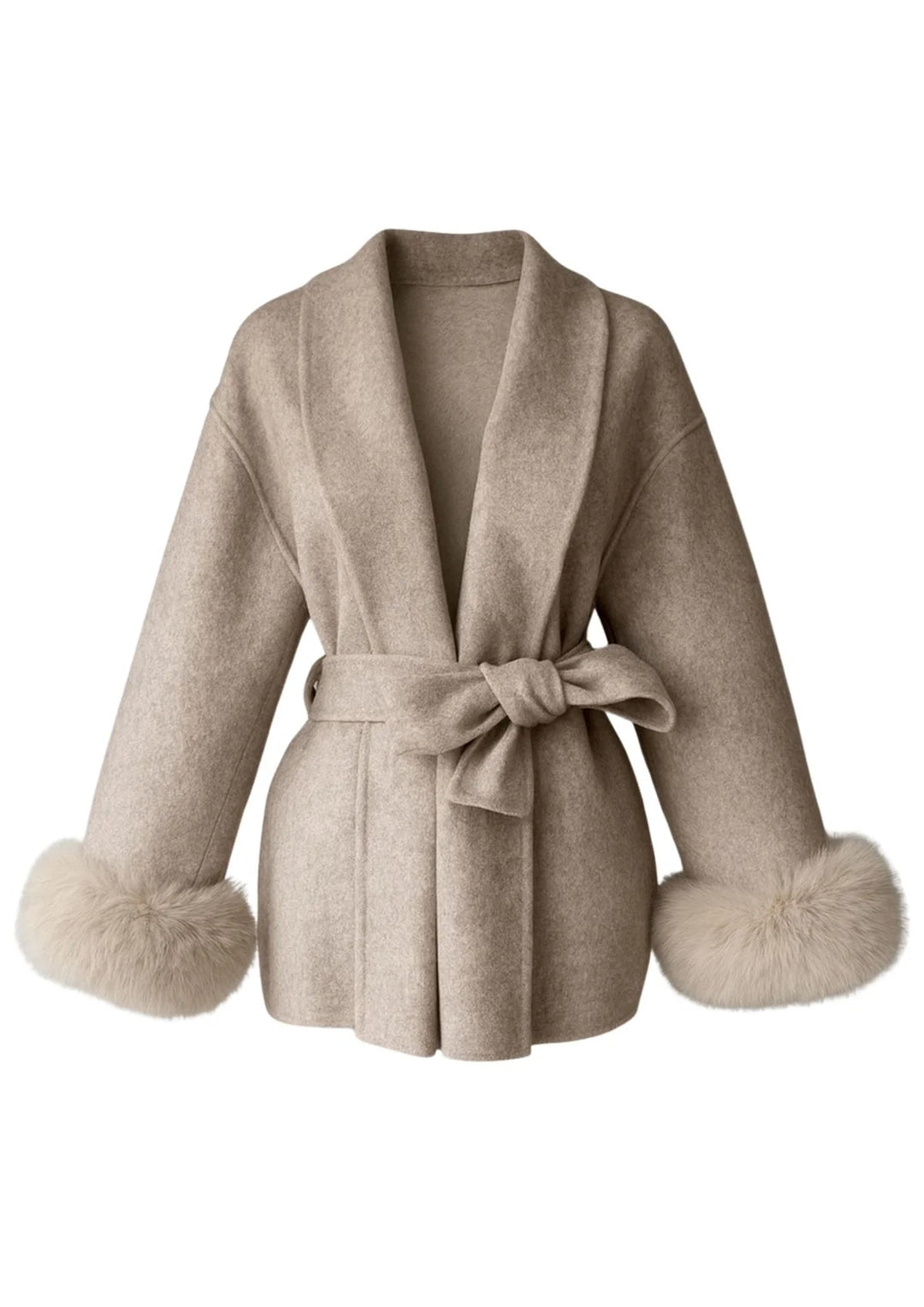 ARCTIC GRACE – Eleganter Wollmantel für Damen in beige mit Kunstpelzärmel und Taillengürtel