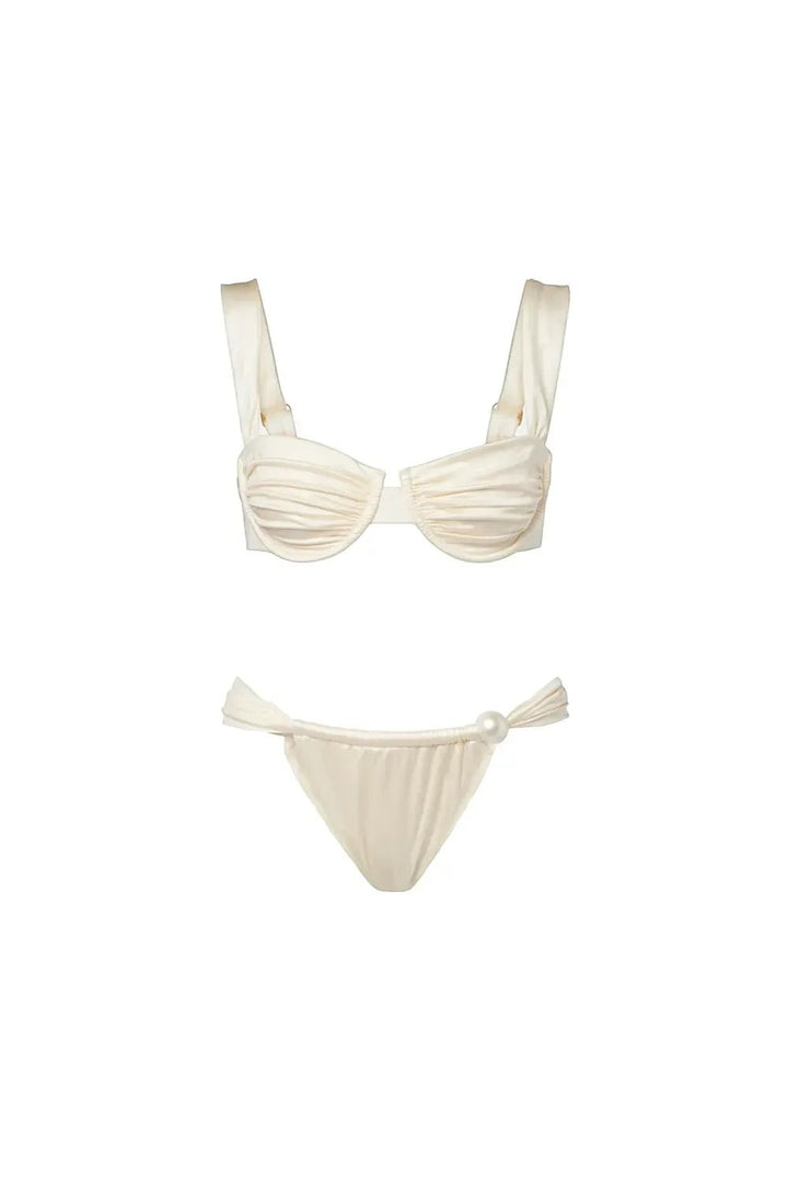 Miraee Paris Emma Pearl bikini set in cream with ruched underwire top and pearl-accented bottoms