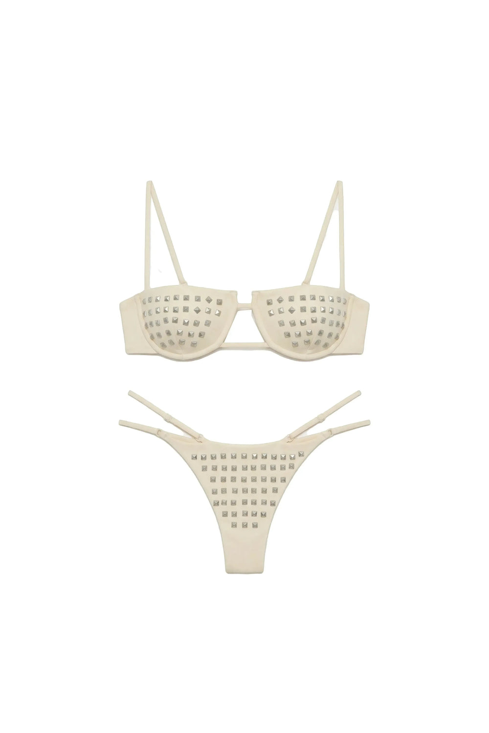 Miraee Paris Emma Rivet bikini set in cream featuring silver stud embellishments on the top and high-cut bottoms.