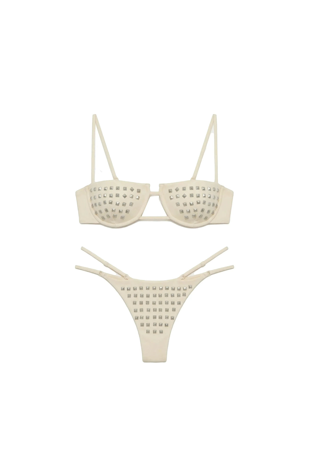 Miraee Paris Emma Rivet bikini set in cream featuring silver stud embellishments on the top and high-cut bottoms.