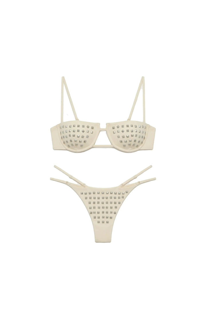 Miraee Paris Emma Rivet bikini set in cream featuring silver stud embellishments on the top and high-cut bottoms.