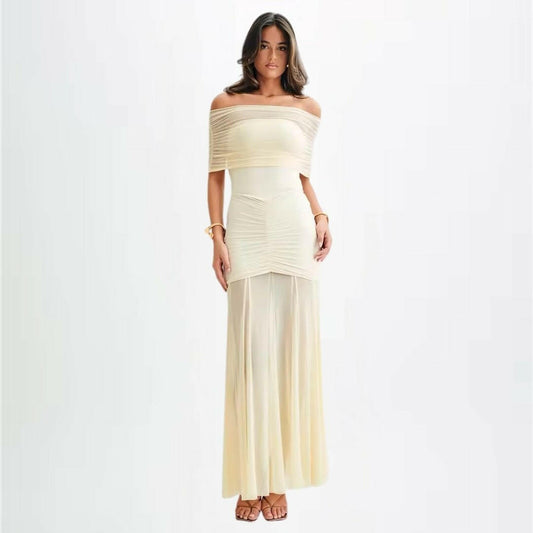 Off-Shoulder Mesh Maxikleid mit Raffungen - Miraee Paris 