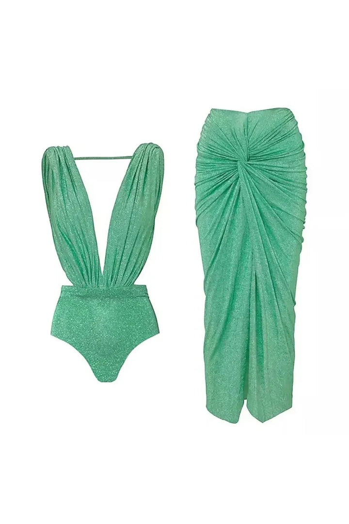 Miraee Paris Isabella glitter bikini set in mint green with a deep V-neck bodysuit and matching draped midi skirt.