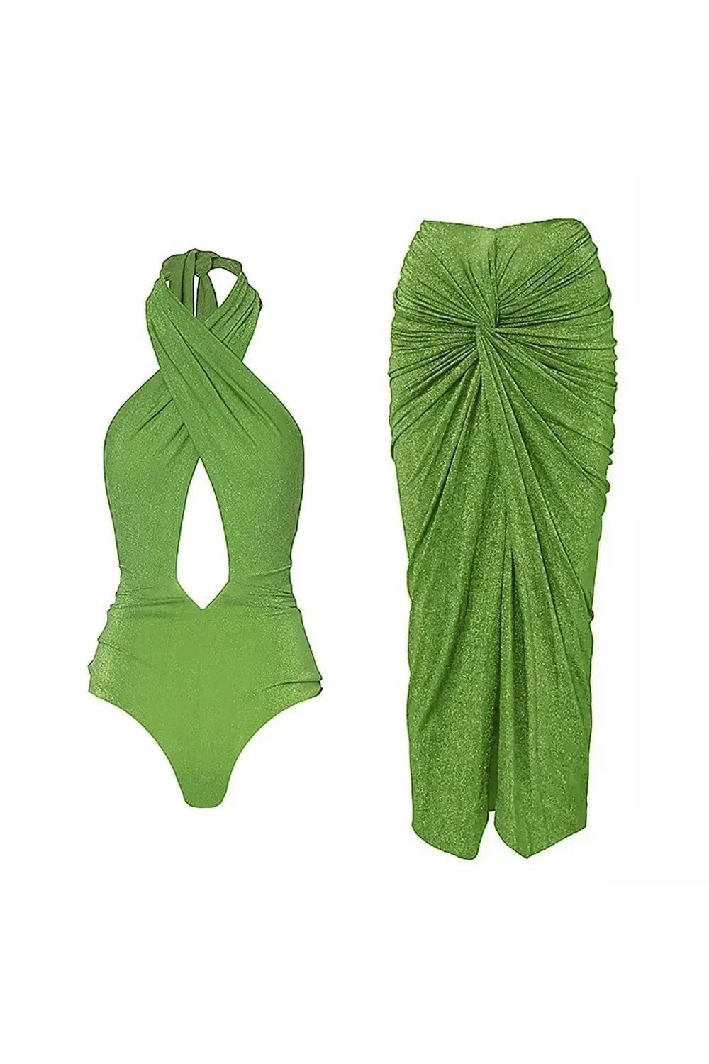 Miraee Paris Isabella glitter bikini set in bright green with a halter neck top and matching draped midi skirt.
