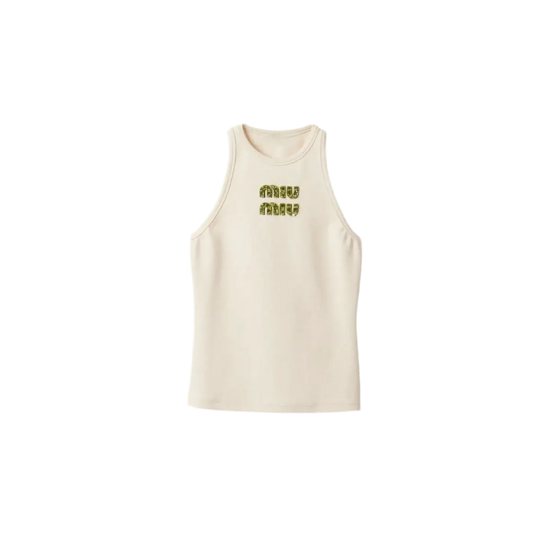 Ribbed Glam Tank – Damen Top mit Strass-Schriftzug.