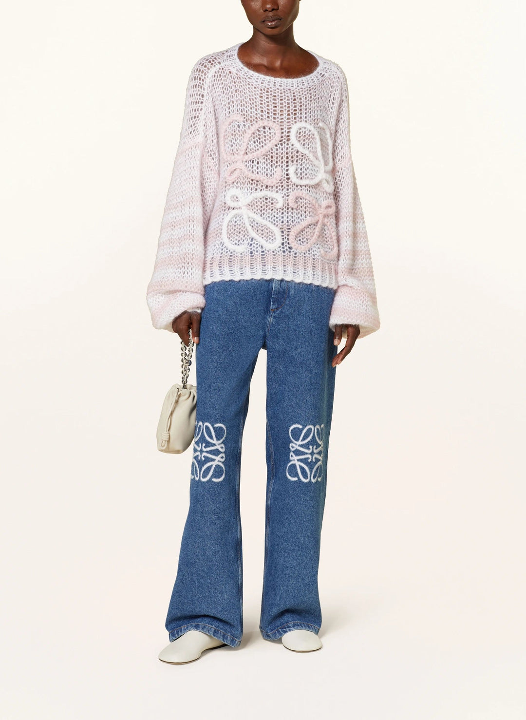 Damen Oversize Strickpullover Blau-Weiß gestreift mit Schleifen-Details – Luftig & Stylisch.