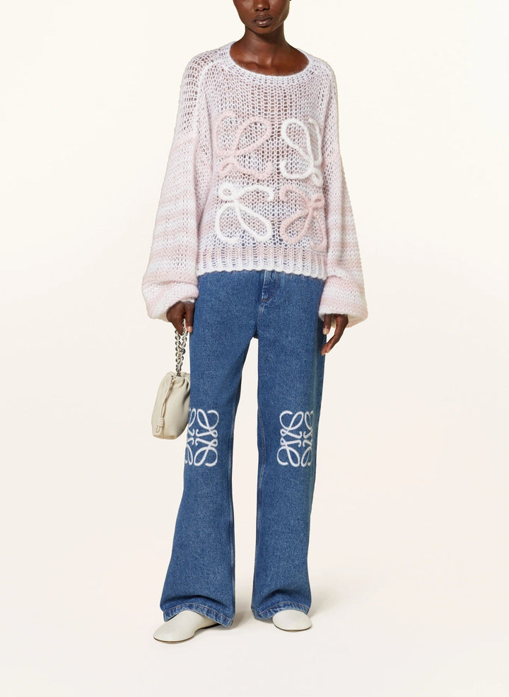 Damen Oversize Strickpullover Blau-Weiß gestreift mit Schleifen-Details – Luftig & Stylisch.
