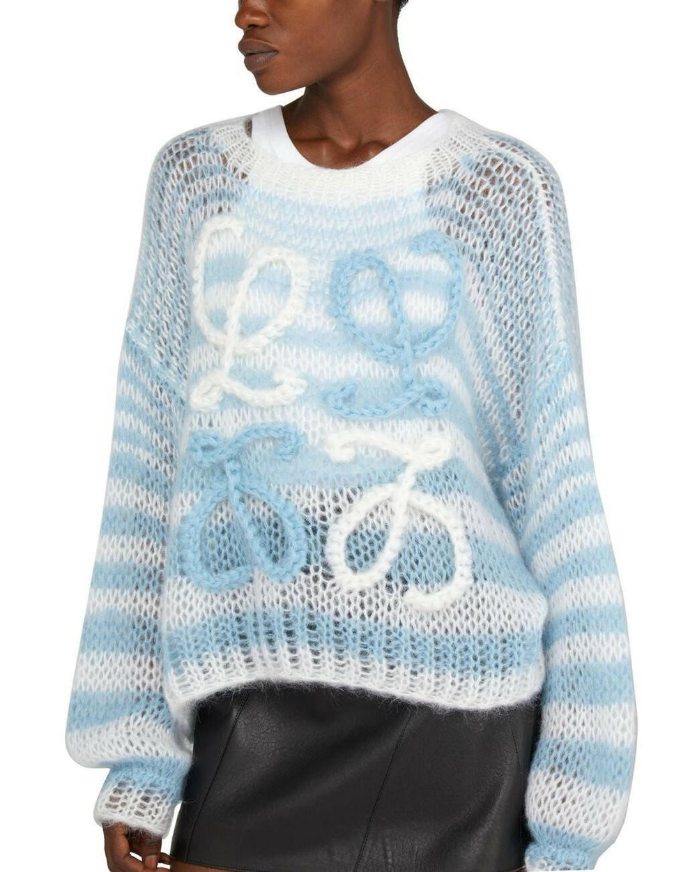 Damen Oversize Strickpullover Blau-Weiß gestreift mit Schleifen-Details – Luftig & Stylisch.