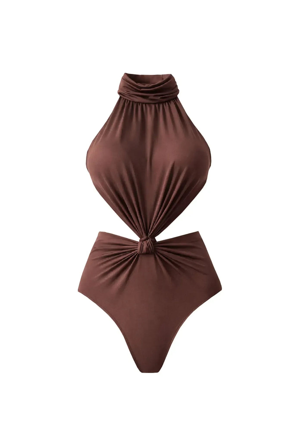 Miraee Paris Isabella luxury brown one-piece swimsuit with a high halter neckline, cut-out waist, and knotted detail.