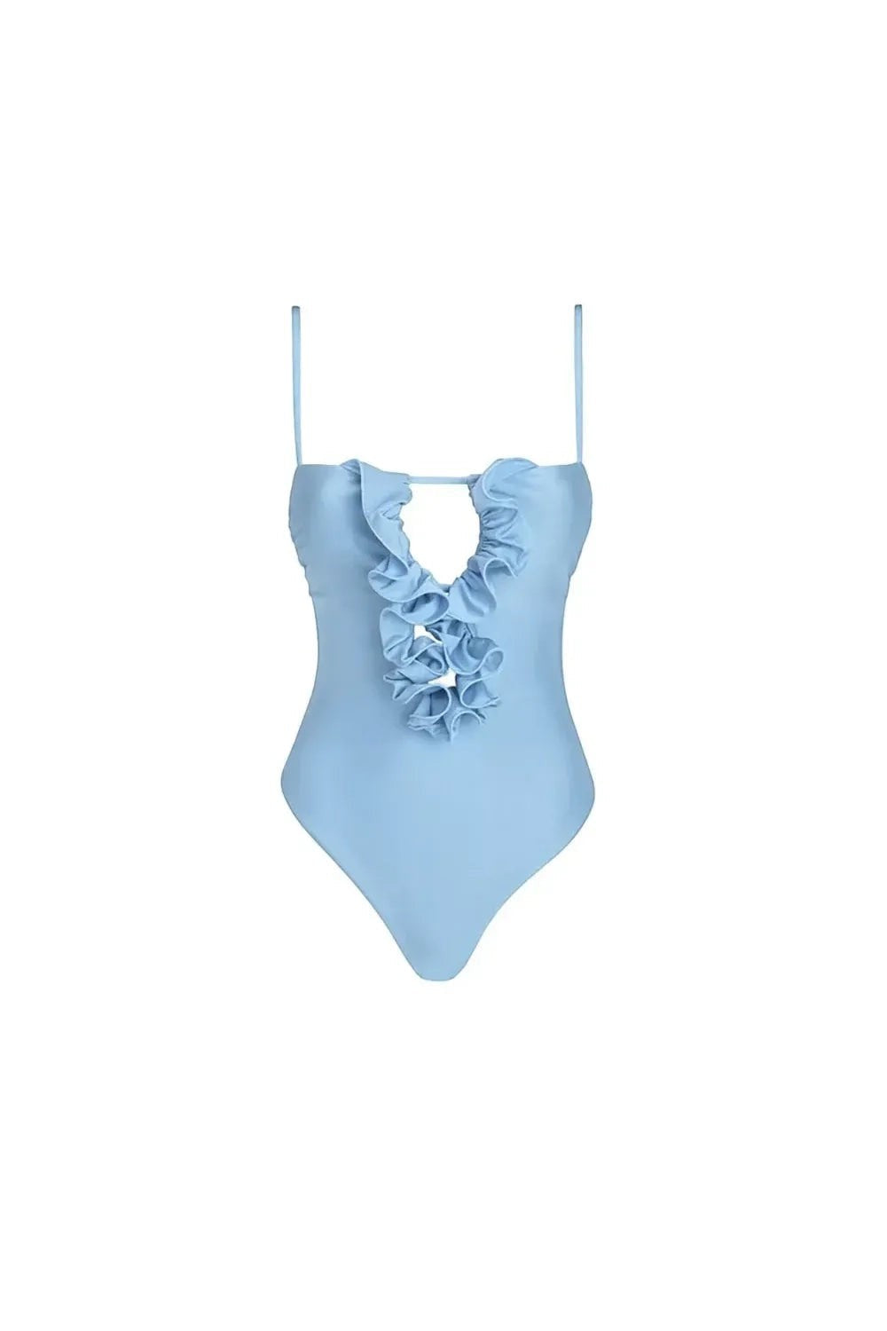 Miraee Paris Lara light blue one-piece swimsuit with ruffled neckline detail and thin spaghetti straps