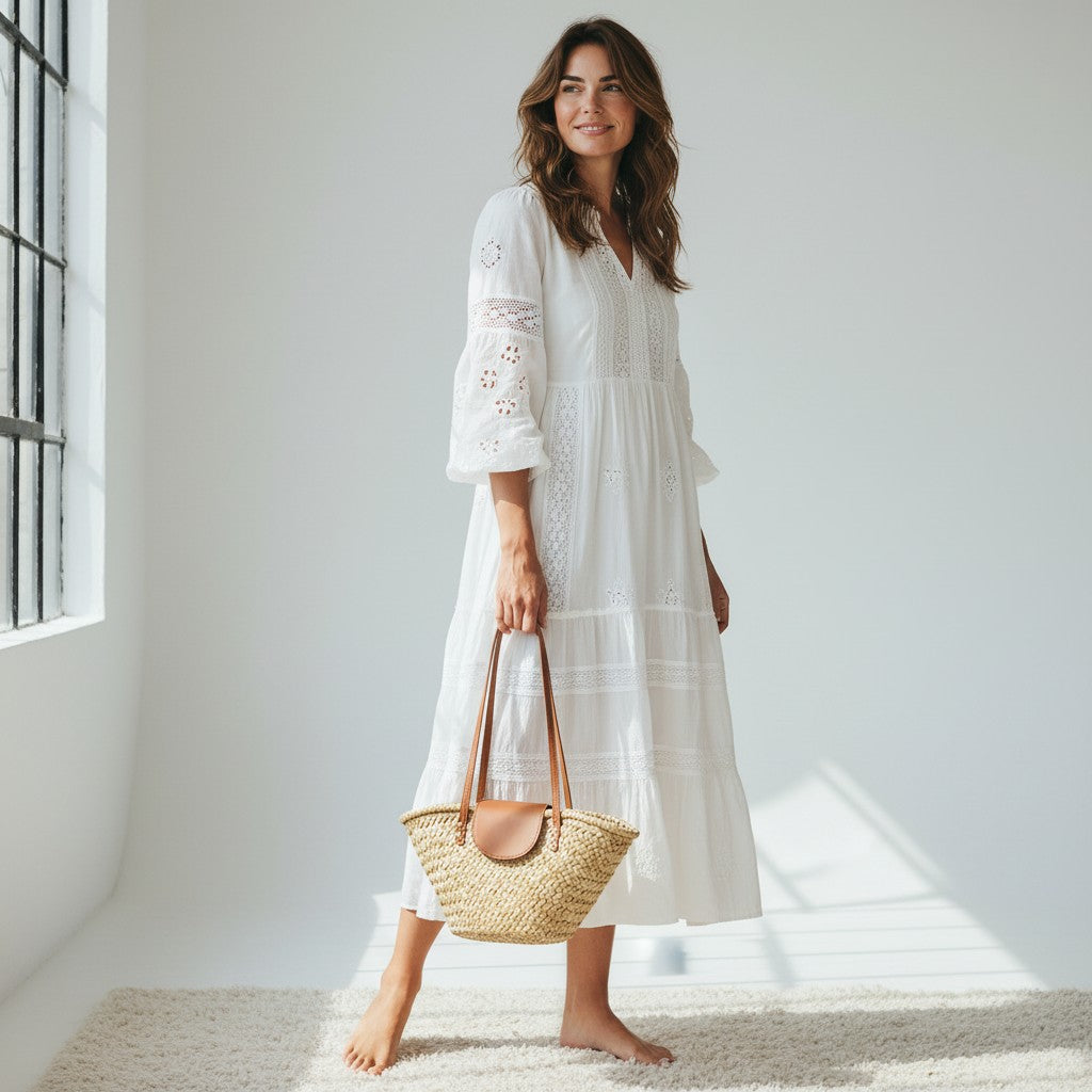 Woman in white dress holding a Miraee Paris Léonie Riviera paper straw tote bag with brown leather-look details.
