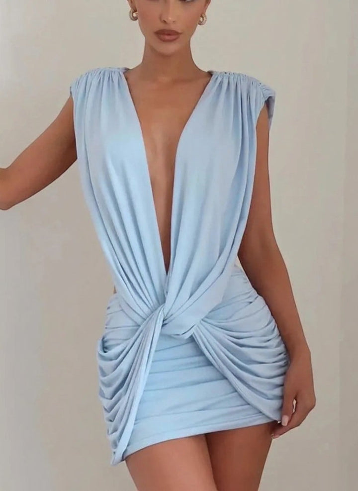 Miraee Paris light blue sleeveless mini dress with deep V-neck, ruched detailing, and a form-fitting silhouette.
