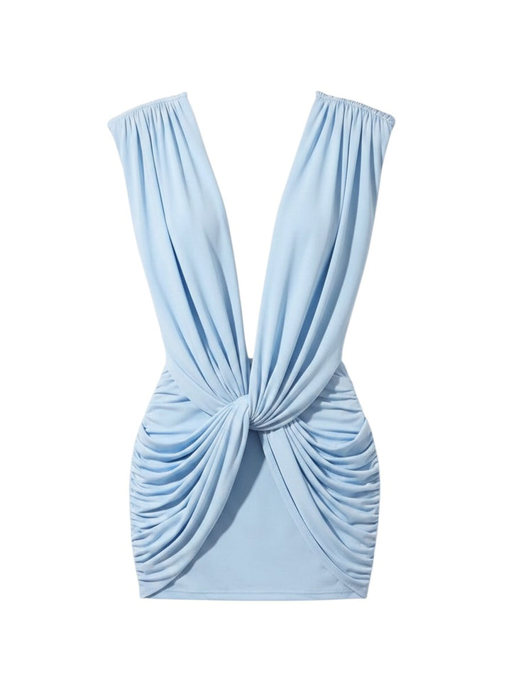 Miraee Paris light blue mini dress with deep V-neck, sleeveless design, and elegant front ruching detail.