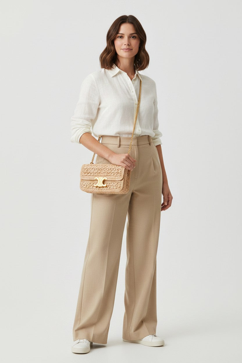 Miraee Paris Madeleine Classique Bag in woven straw with gold hardware and chain strap. Model wears beige trousers and white shirt.