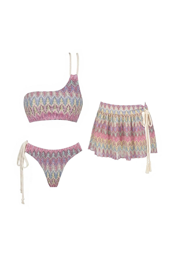 Miraee Paris 3-piece bikini set with one-shoulder top, bikini bottom, and matching mesh skirt in a colorful pattern.