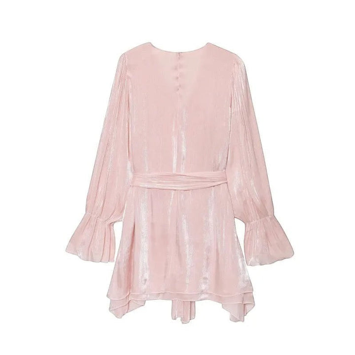 Miraee Paris light pink satin mini dress with long flared sleeves and a tie-waist detail on a white background.