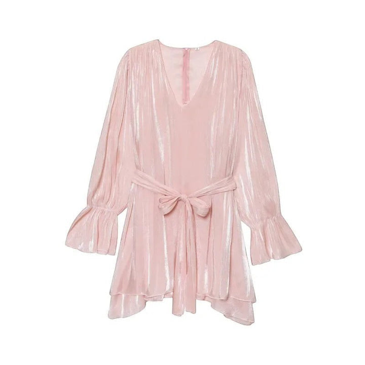 Miraee Paris light pink satin mini dress with long flared sleeves, a V-neckline, and a matching waist tie belt.