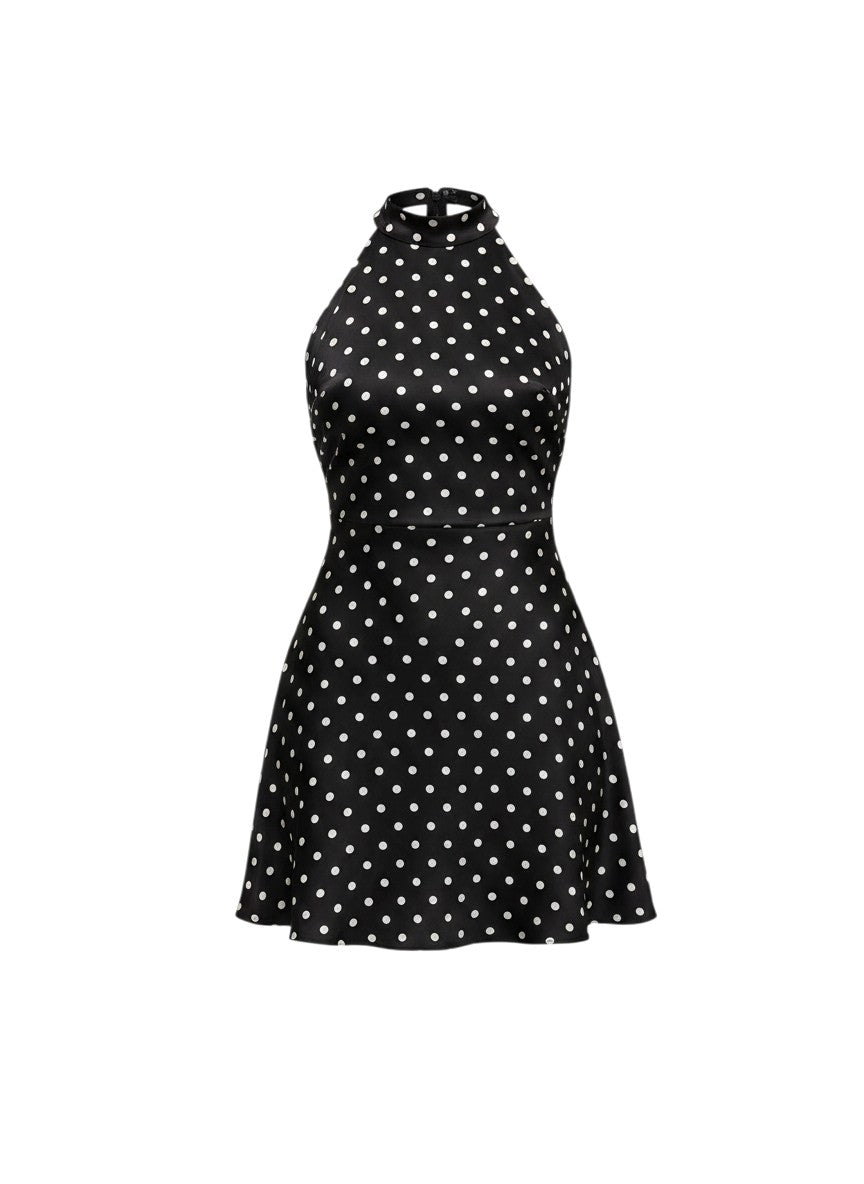 Miraee Paris Margaux polka-dot mini dress in black with a sleeveless halterneck design and a fitted silhouette.