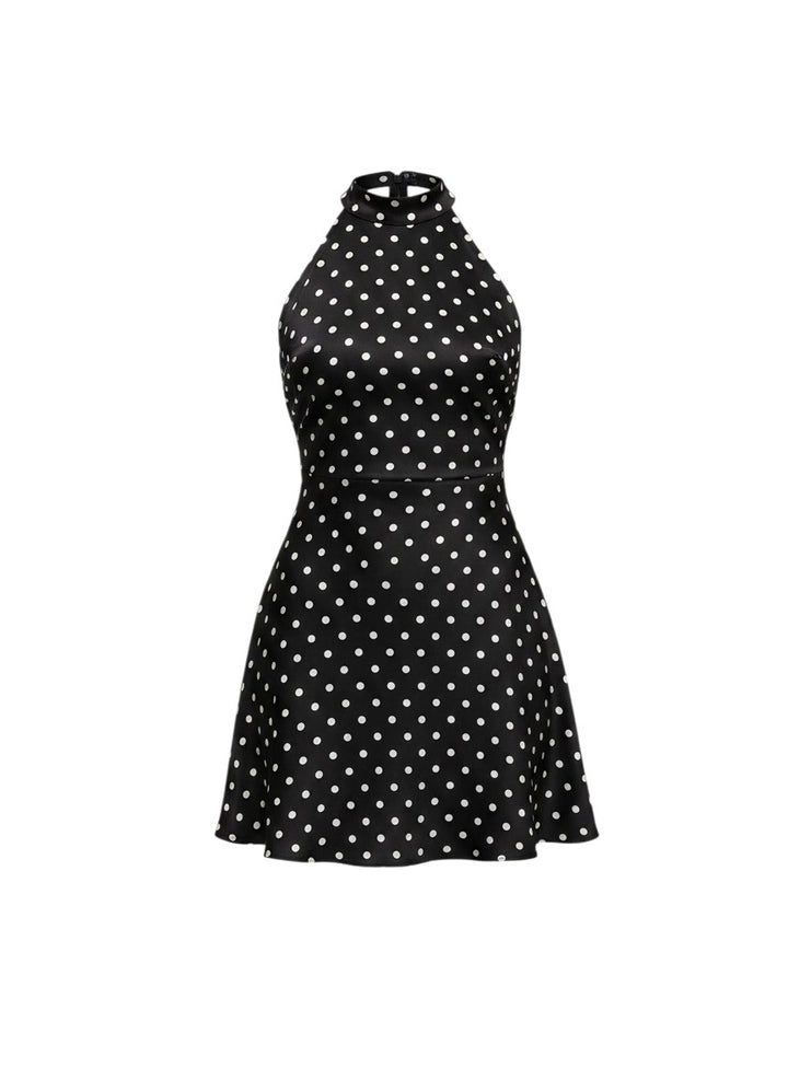 Miraee Paris Margaux polka-dot mini dress in black with a sleeveless halterneck design and a fitted silhouette.