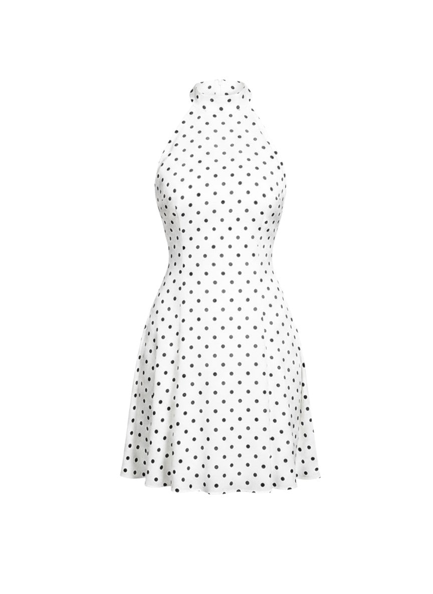 Miraee Paris Margaux polka-dot mini dress with a sleeveless halterneck design and a fitted silhouette.