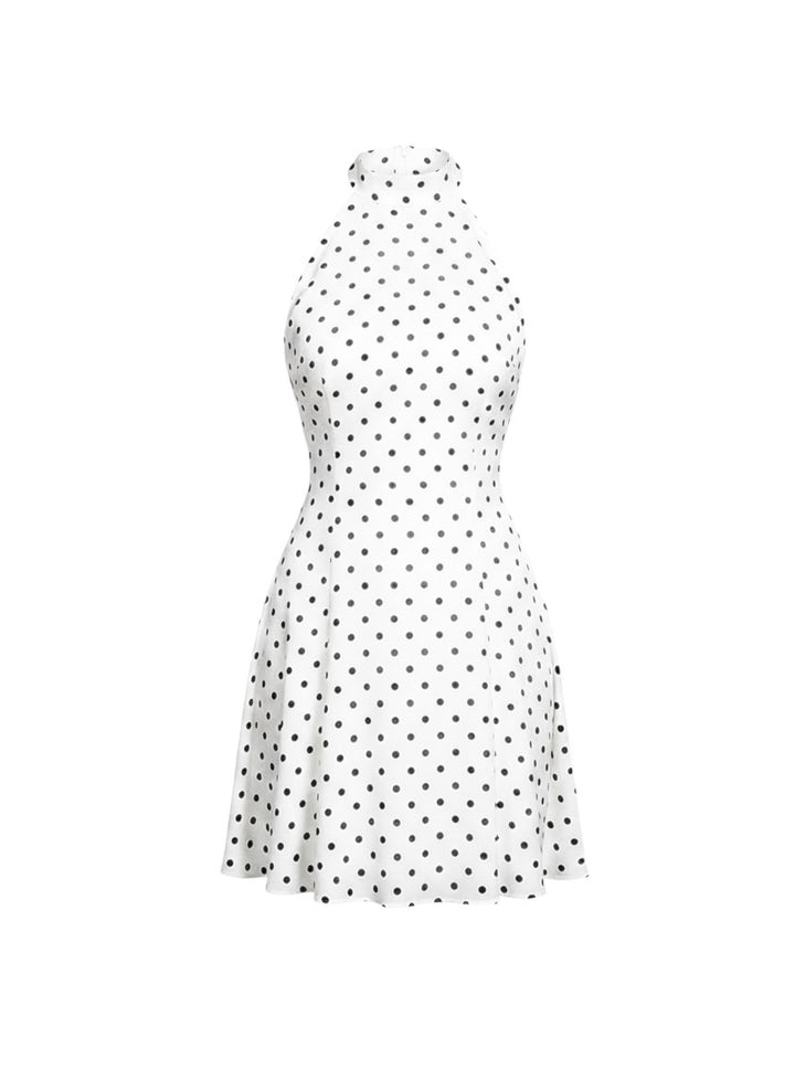 Miraee Paris Margaux polka-dot mini dress with a sleeveless halterneck design and a fitted silhouette.