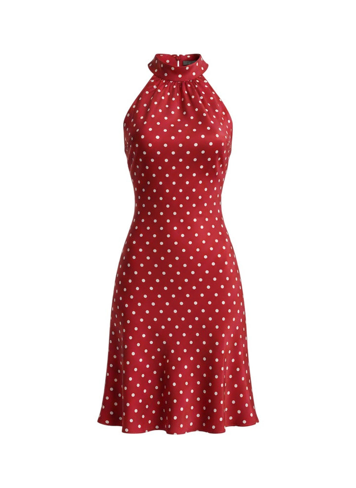 Miraee Paris red polka-dot halterneck mini dress with a fitted silhouette and elegant vintage style.