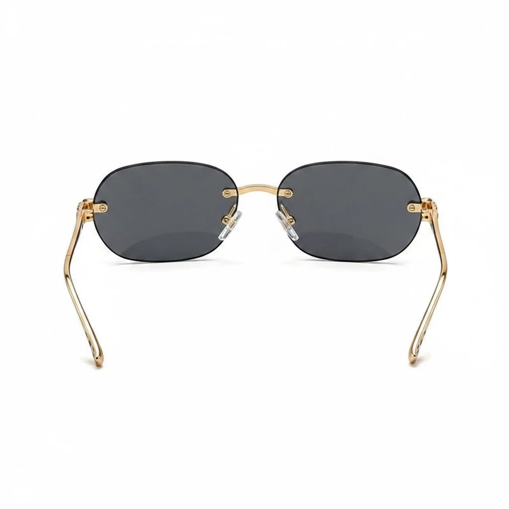 Miraee Paris Noir Panther rimless sunglasses with gold metal frames and dark grey UV400 lenses, rear view.