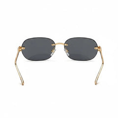 Miraee Paris Noir Panther rimless sunglasses with gold metal frames and dark grey UV400 lenses, rear view.