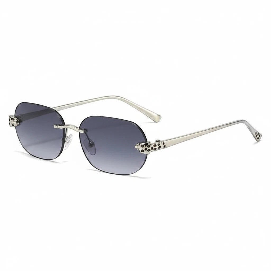 Miraee Paris Noir Panther rimless sunglasses with gradient lenses and silver metal frames featuring cheetah details.