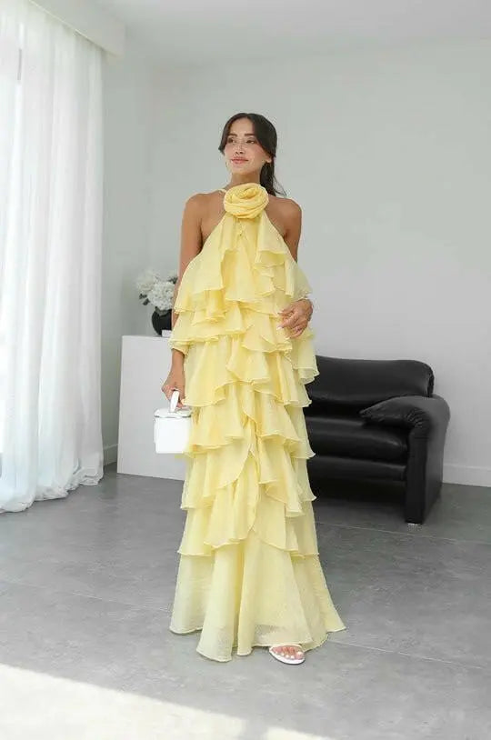 Lucia Maxikleid mit Blüten-Dekor und Halterneck.