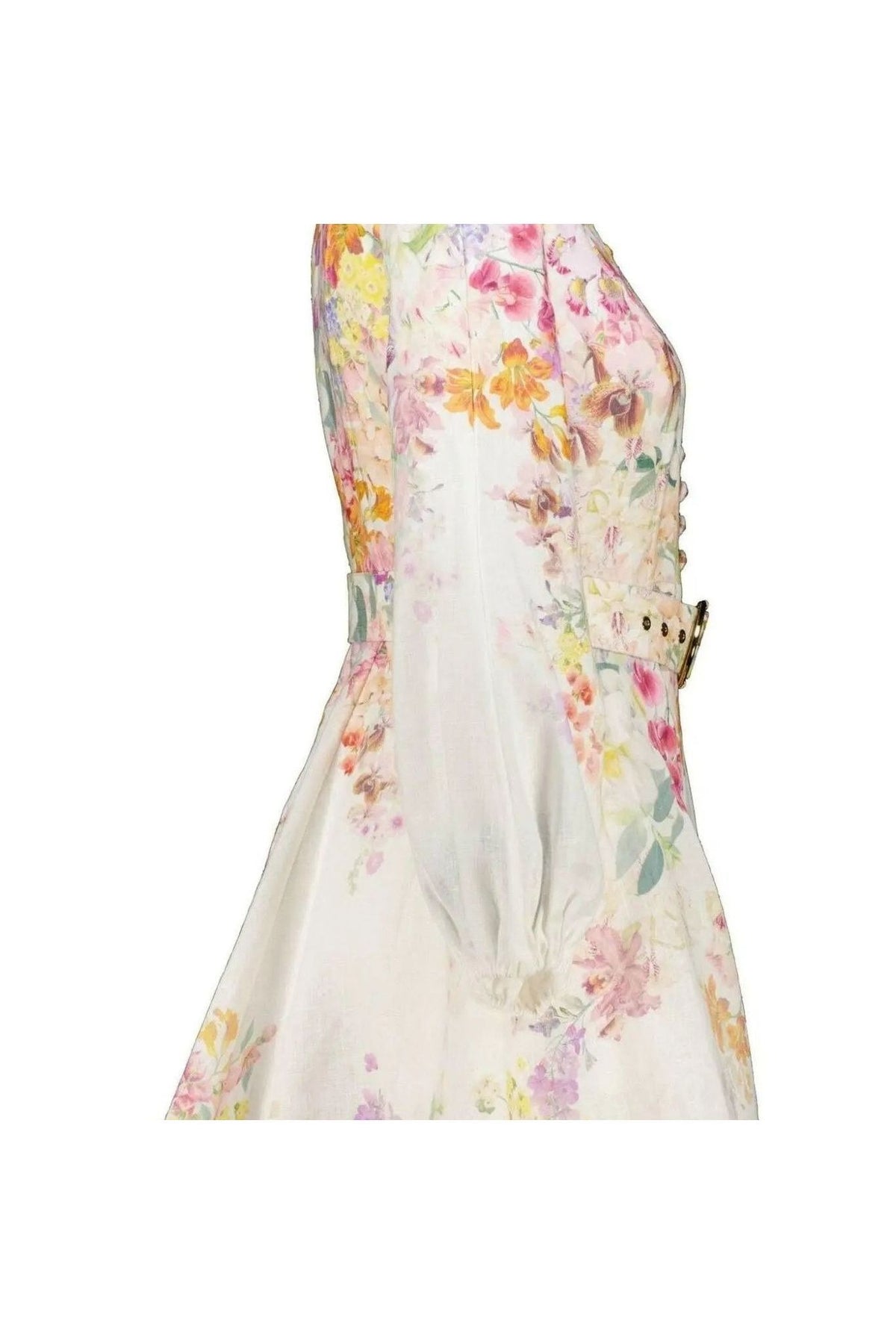 Miraée Paris Aurora Bloom – Kleid mit Gürtel in zartem Aquarell-Floralmuster, perfekt für Frühling und Sommer.