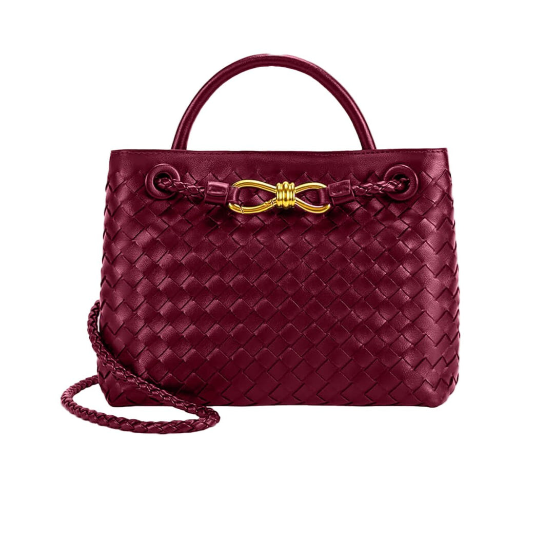 CELIA MINI –  Luxus Ledertasche in tiefrotem Flechtleder mit goldenen Akzenten und elegantem Design.