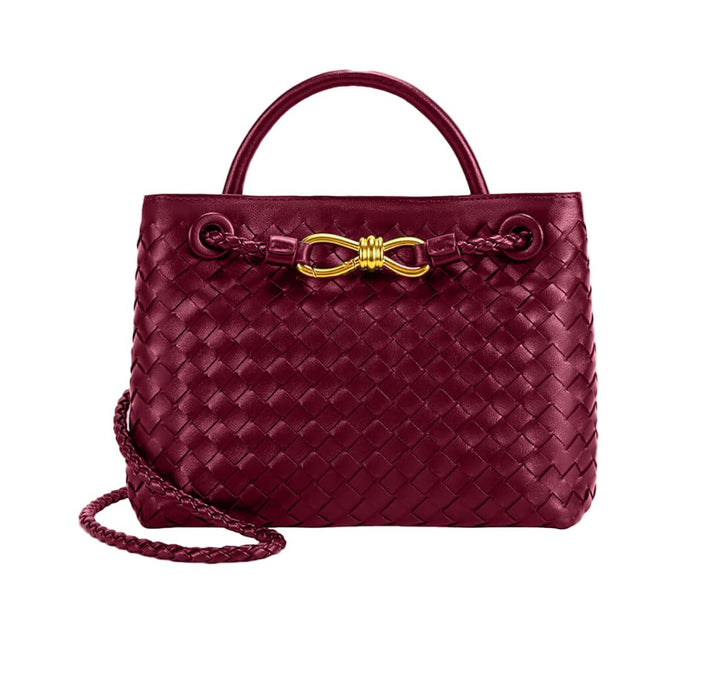 CELIA MINI –  Luxus Ledertasche in tiefrotem Flechtleder mit goldenen Akzenten und elegantem Design.