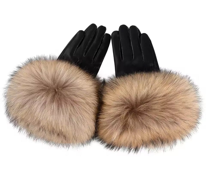 GLORIA – Elegante Luxus Kunstlederhandschuhe mit Kunstfell in schwarz und braunem Kunstfell