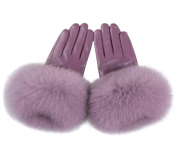GLORIA – Elegante Luxus Kunstlederhandschuhe mit Kunstfell in lila, weich und warm, perfekt für kalte Tage.