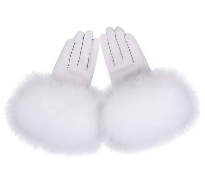 GLORIA – Elegante Luxus Kunstlederhandschuhe mit Kunstfell in Weiß, perfekt für kalte Tage und stilvolle Looks.