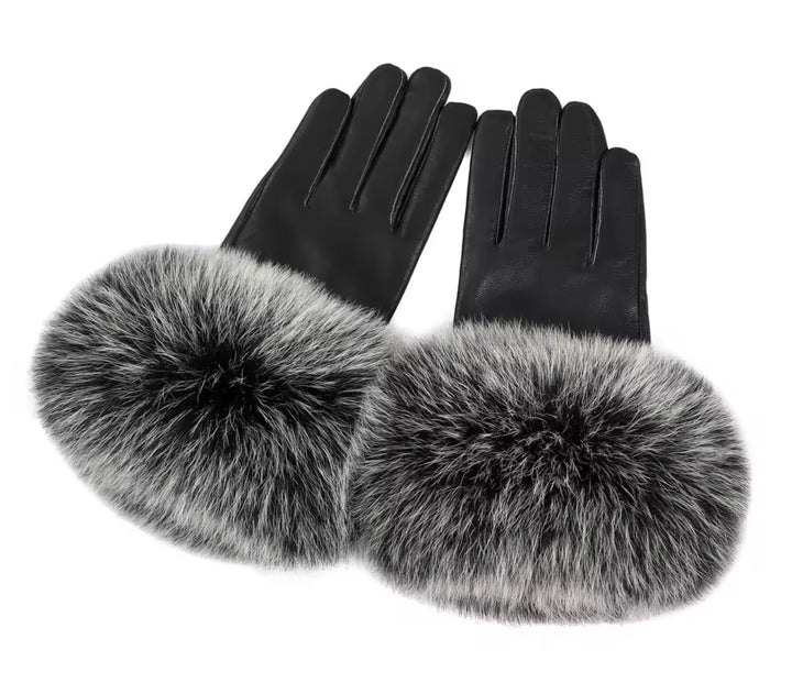 GLORIA – Elegante Luxus Kunstlederhandschuhe mit Kunstfell in Schwarz und grau, ideal für stilvolle Winterlooks.