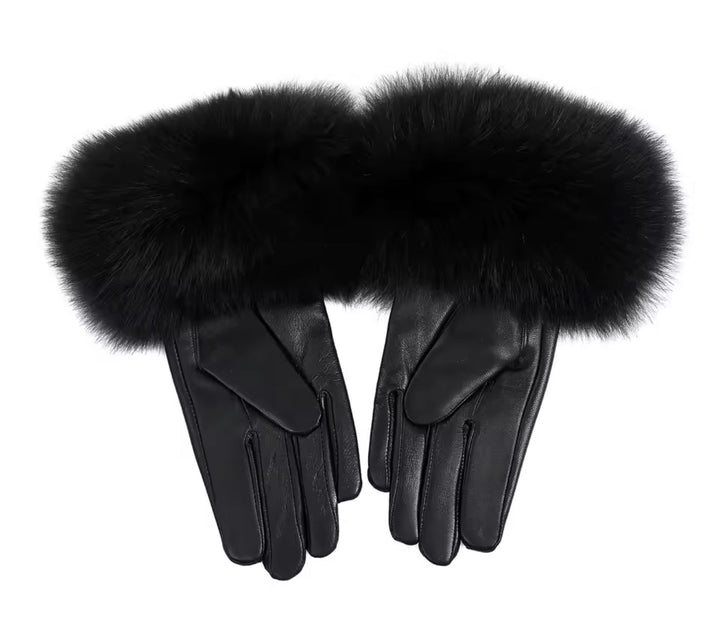 GLORIA – Elegante Luxus Kunstlederhandschuhe mit Kunstfell in Schwarz für stilvolle Looks und warme Hände.