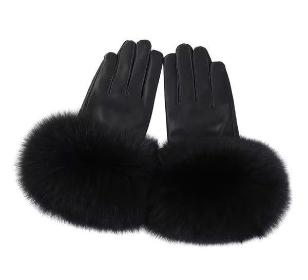 GLORIA – Elegante Luxus Kunstlederhandschuhe mit Kunstfell in Schwarz, stilvoll und wärmespendend.