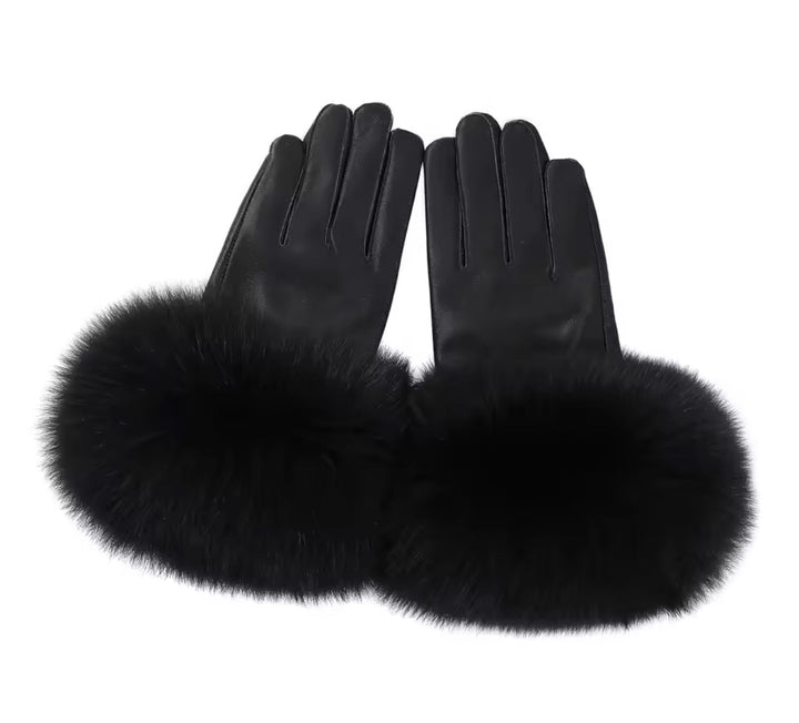 GLORIA – Elegante Luxus Kunstlederhandschuhe mit Kunstfell in Schwarz, stilvoll und wärmespendend.