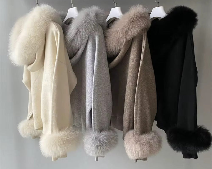 Amélie Chic Set in four stylish colors with luxurious faux fur trim, perfect for elegant women's fashion.