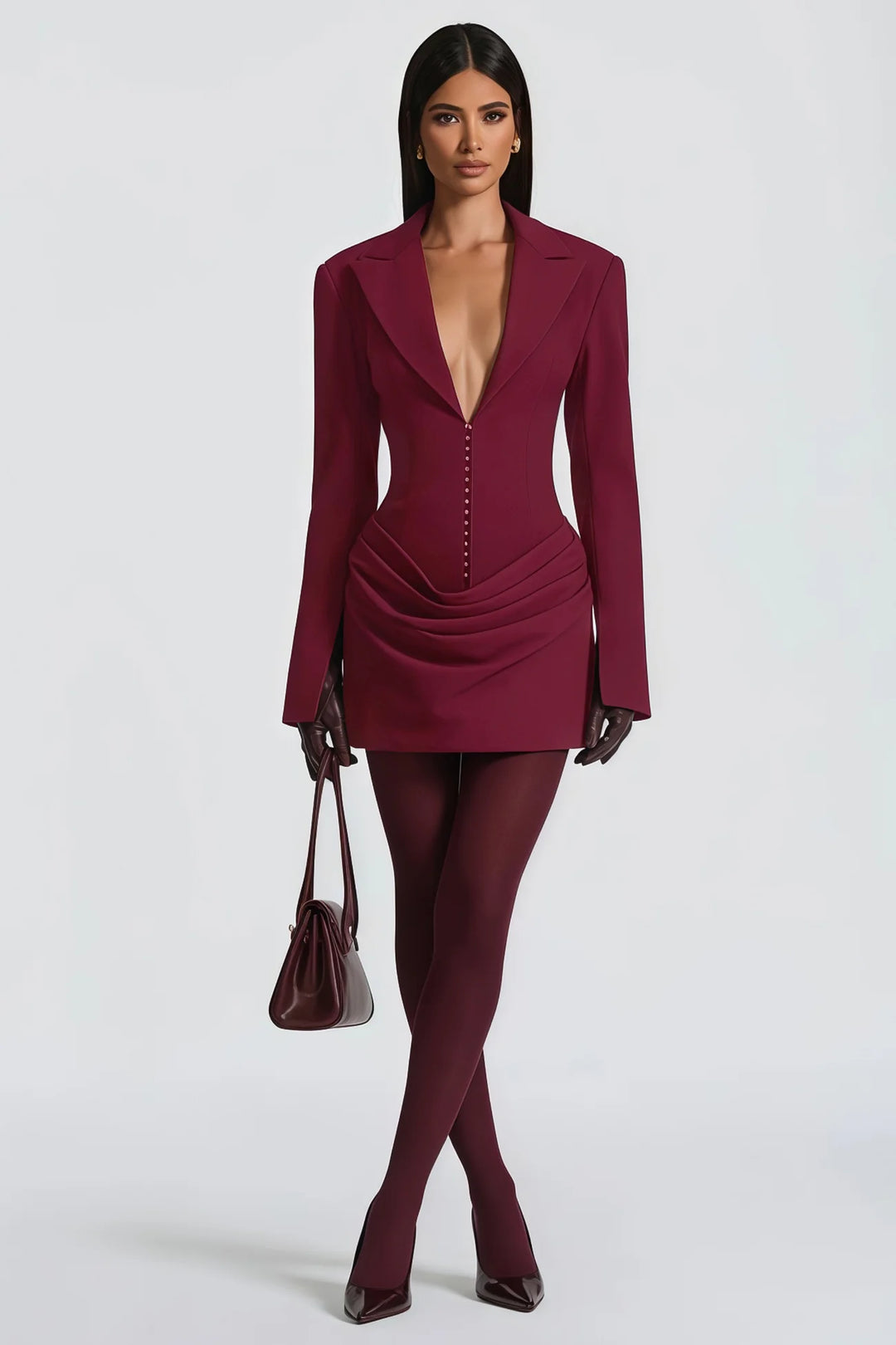 Belle Femme Hourglass Dress in burgundy with long sleeves, plunging neckline, and stylish details for fashionable women.