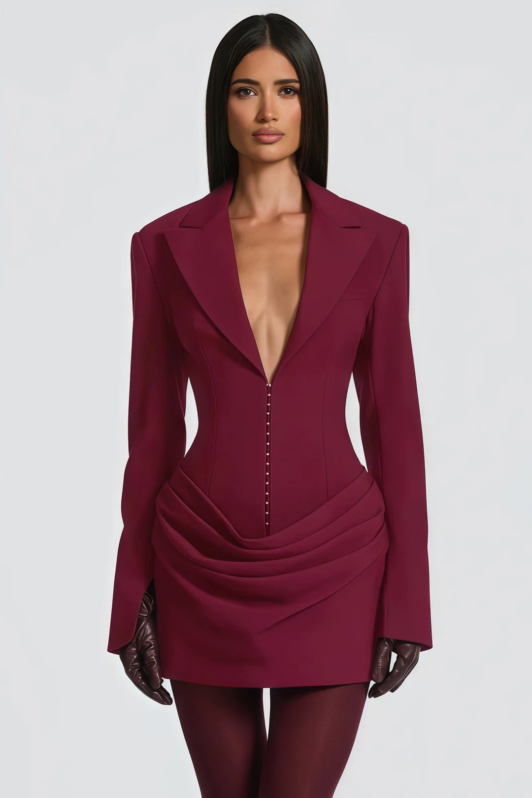 Belle Femme Hourglass Dress in burgundy with structured shoulders and a plunging neckline, perfect for stylish occasions.